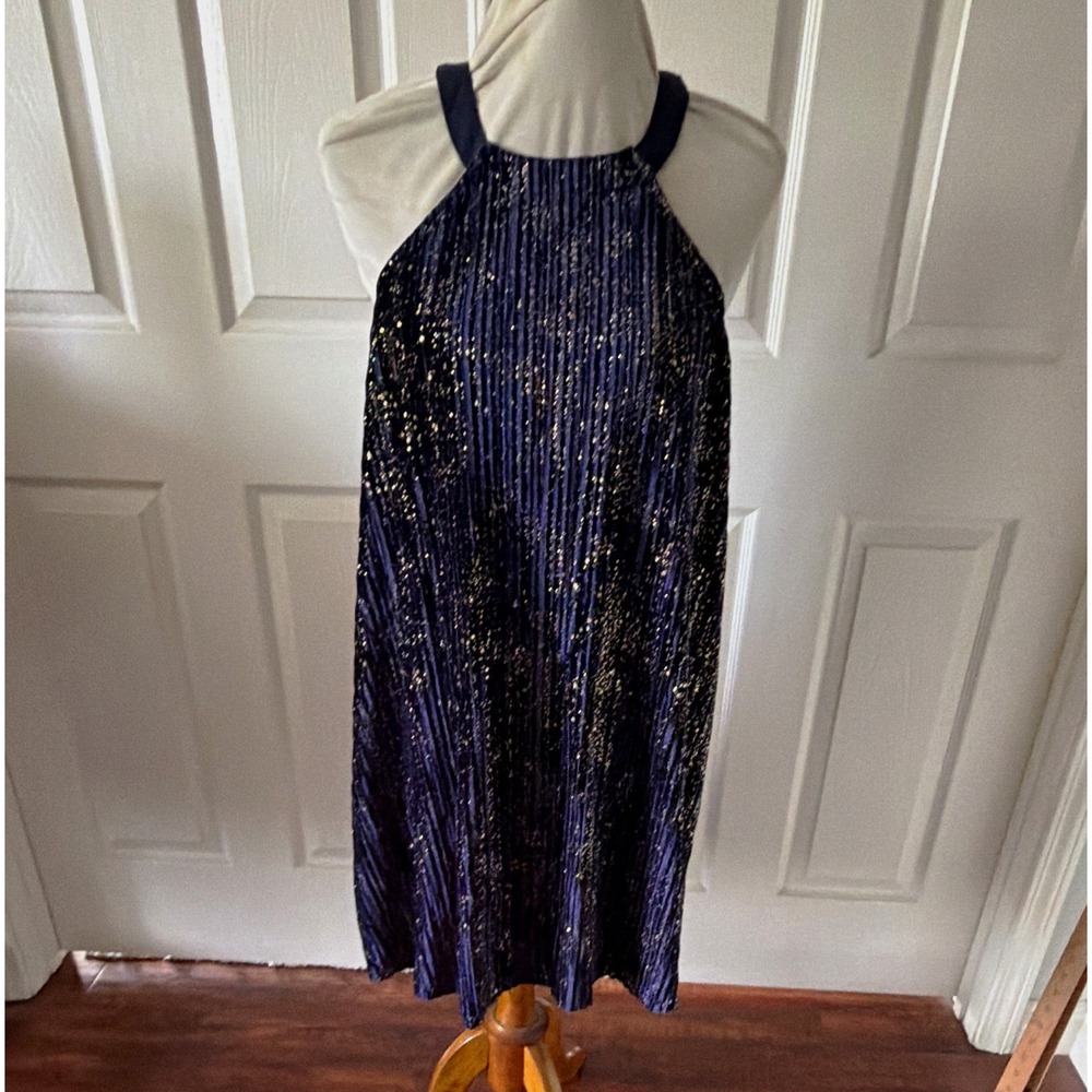 Womens L Navy Gold Metallic Stars Pleated Halter Party Swing Dress BCBGeneration